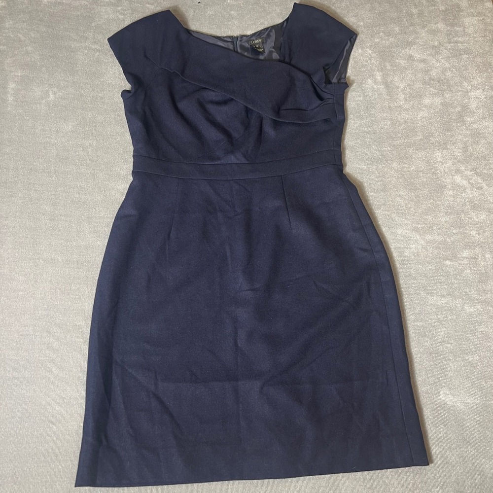 J.Crew Navy Blue 100% Wool Asymmetrical Drape Neck Sheath Dress Size 12